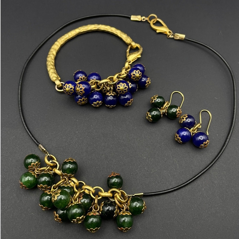 Bohemian Gold Beaded Jewelry Set Lapis Blue Green Jade Color‎ Statement Tribal